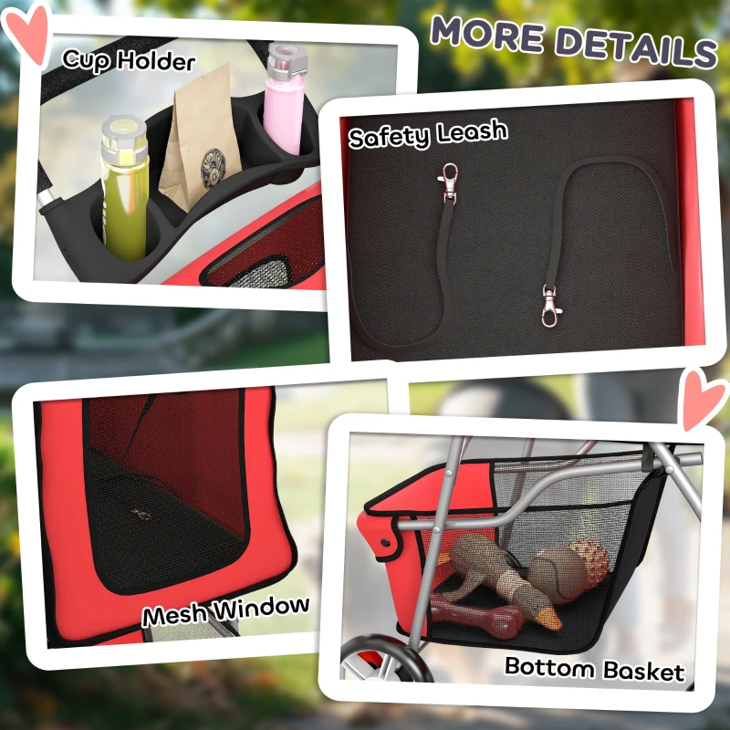 PawHut Pet Stroller with Reflective Strips, Foldable Cat Stroller with 360° Swivel Wheels for Small Dogs and Cats, Red