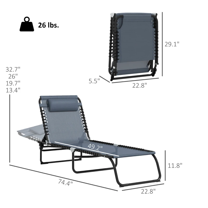 Outsunny 2 Folding Chaise Lounge Pool Chairs with 4-Position Reclining Back, Pillow, Breathable Mesh & Bungee Seat, Gray