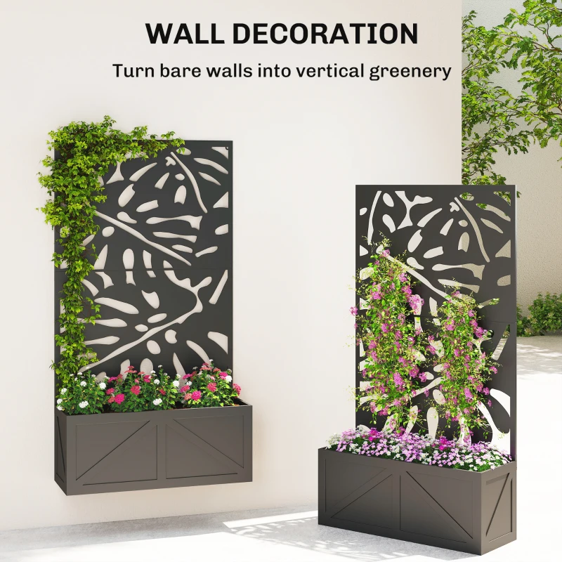 Outsunny Metal Raised Garden Bed with Trellis for Climbing Plants, Freestanding or Wall Mounted Flower Bed with Privacy Panel