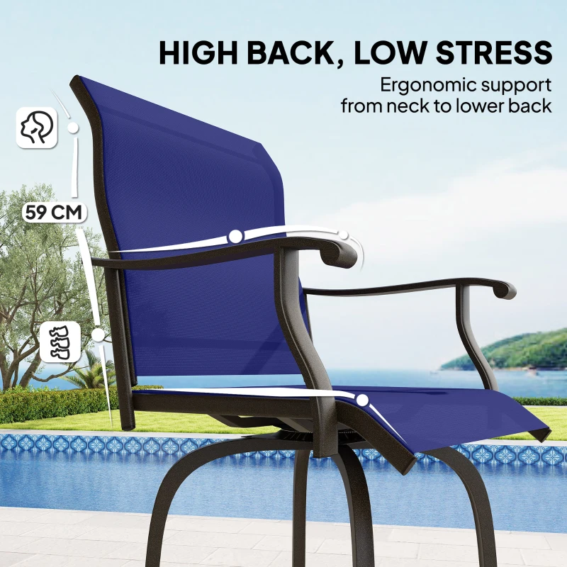 Outsunny Outdoor Bar Stools Set of 2, Swivel Bar Height Chairs with High Back, Curved Armrests and Steel Frame, Navy Blue