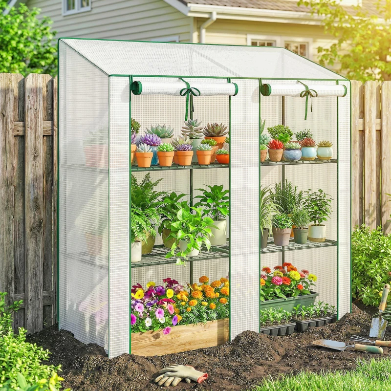 Outsunny Portable Mini Greenhouse Green House with 3 Tier Shelves, Reinforced PE Cover, Roll-up Doors, 56.3"x18.1"x59.4", White