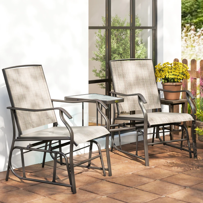 Outsunny Double Patio Glider Chair with Glass Top Center Table, Outdoor Glider Loveseat with High Back,  All Weather Breathable Mesh Fabric for Garden, Backyard, Deck, Light Brown