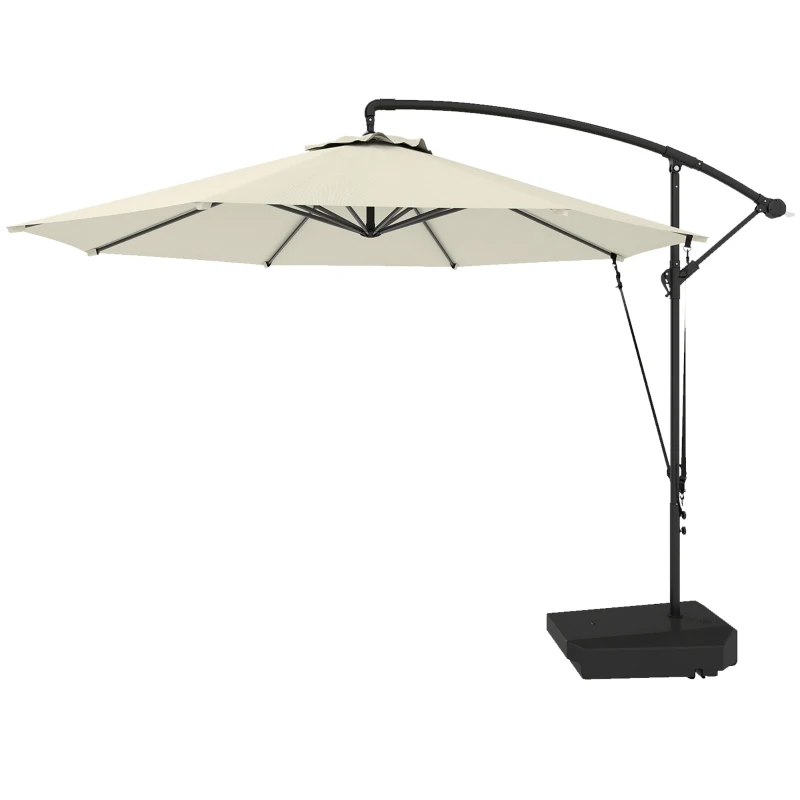 Outsunny 10FT Cantilever Umbrella with Fillable Base, Wind Strap and Cover, Offset Hanging Umbrella with Crank, Cream White