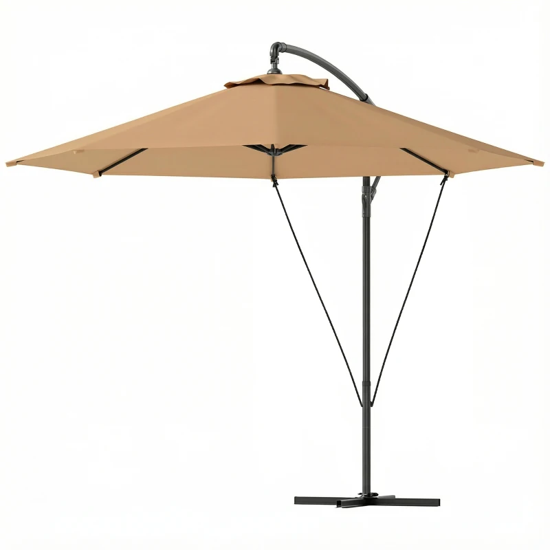 Outsunny 9.5' Cantilever Umbrella with Wind Protection Strap and Cover, Hanging Umbrella with Crank and Cross Base, Khaki