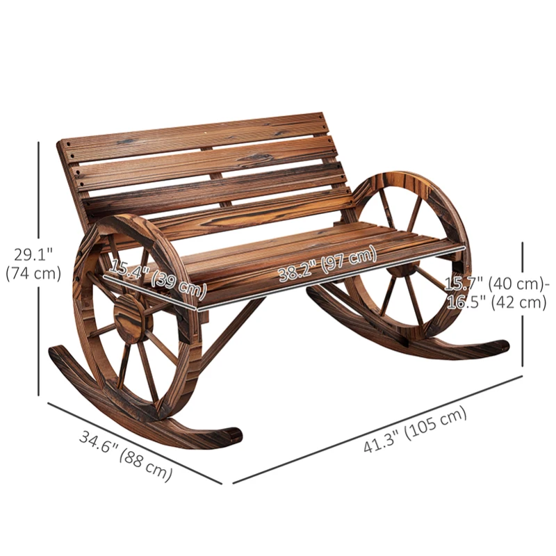 Outsunny Rocking Outdoor Bench, Wood Outdoor Loveseat with Wagon Wheel Armrests, Carbonized