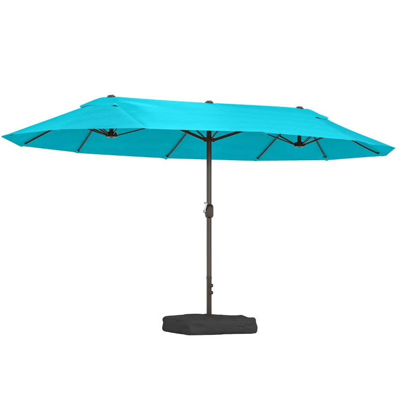 Outsunny 15' Outdoor Patio Umbrella with Twin Canopy Sunshade Steel Table Umbrella w/ Lift Crank, Cross base, Sandbag, Light Blue