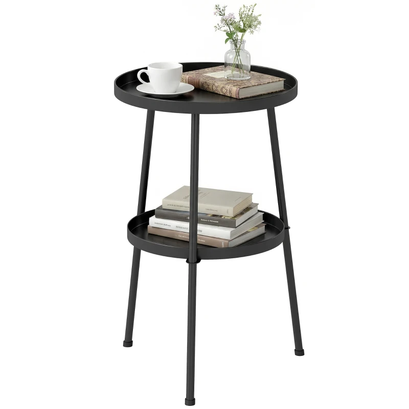 Outsunny Metal Patio Side Table, 2-Tier Round End Table, for Living Room, Bedroom, Garden, Balcony, Black