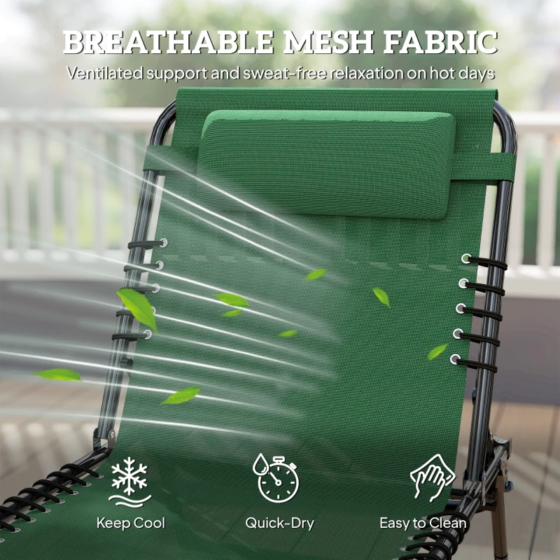 Outsunny Folding Lounge Chair, Adjustable Chaise Lounge with Headrest, Reclining Lounger Cot for Camping, Hiking, Green