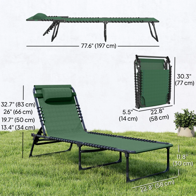 Outsunny Folding Lounge Chair, Adjustable Chaise Lounge with Headrest, Reclining Lounger Cot for Camping, Hiking, Green