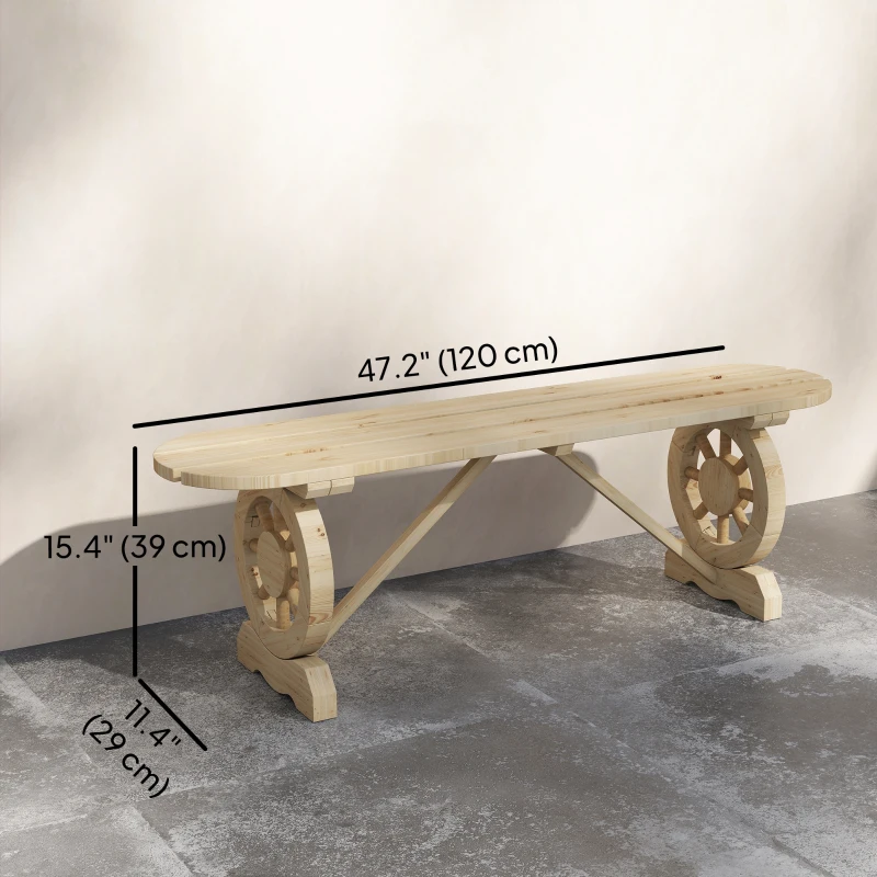 Outsunny 2-Person Outdoor Bench, Wood Garden Bench with Wagon Wheel Legs, Slatted Seat for Patio, Park, Backyard, Natural Wood