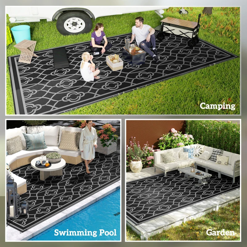 Outsunny 9' x 18' Outdoor RV Rug, Reversible Patio Floor Mat with Carry Bag, Lantern, Black and Grey