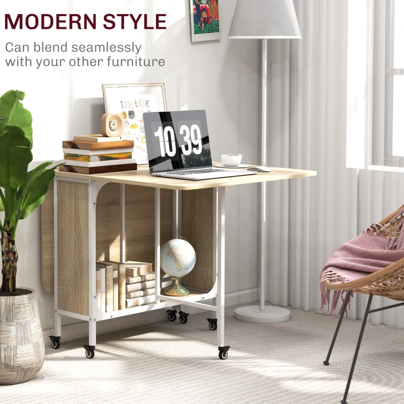 HOMCOM Folding Dining Table, Extendable Kitchen Table for Small Spaces with Storage Shelf and 6 Wheels, Natural Wood