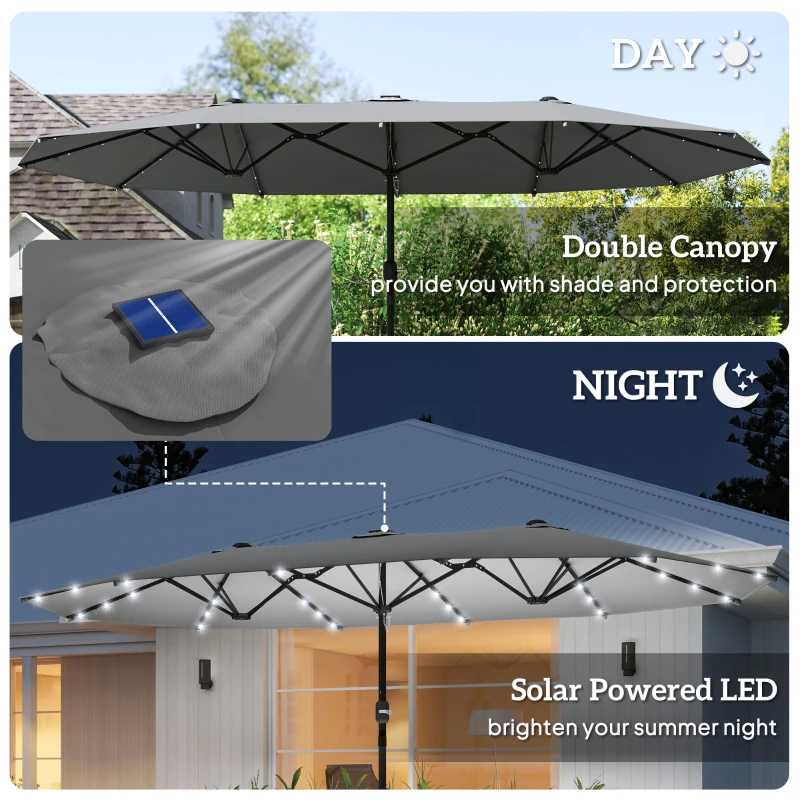 Outsunny 173" Double-Sided Sun Umbrella Garden Parasol Patio Sun Shade Outdoor with LED Solar Light, No Base Included, Dark Gre