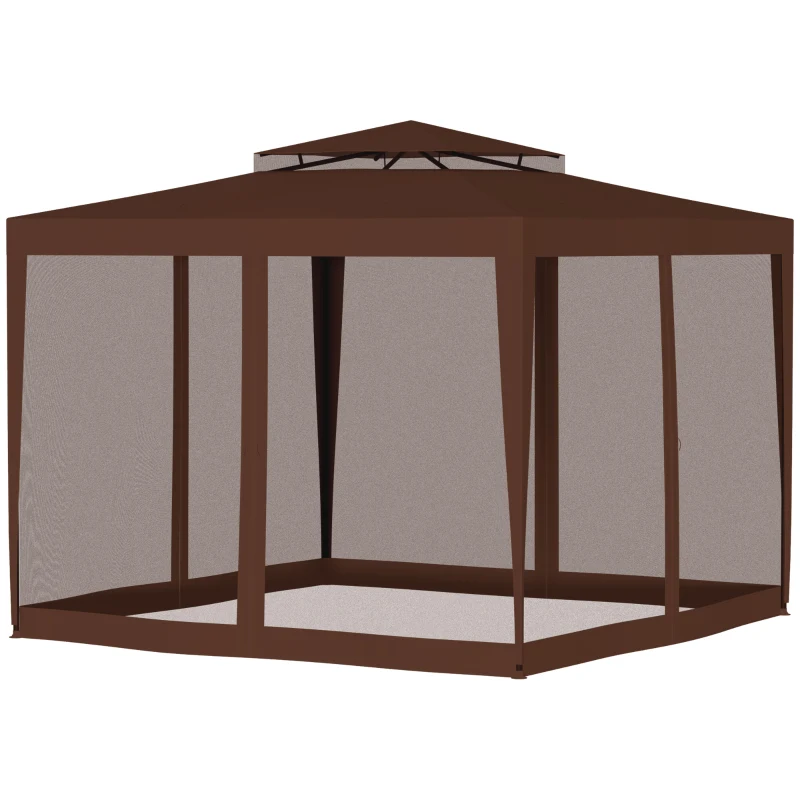Outsunny 10' x 10' Outdoor Canopy Tent Party Tent with Mesh Netting and Double Tier Roof for Backyard, Garden, Patio, Brown