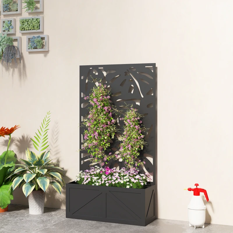 Outsunny Metal Raised Garden Bed with Trellis for Climbing Plants, Freestanding or Wall Mounted Flower Bed with Privacy Panel