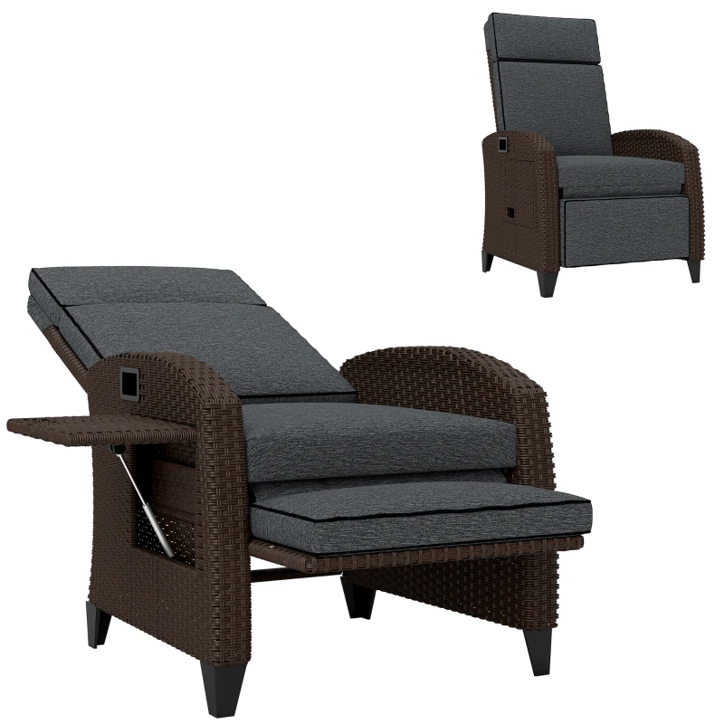 Outsunny Outdoor Recliner Chair with Adjustable Backrest, Cushion, Side Tray, Dark Grey