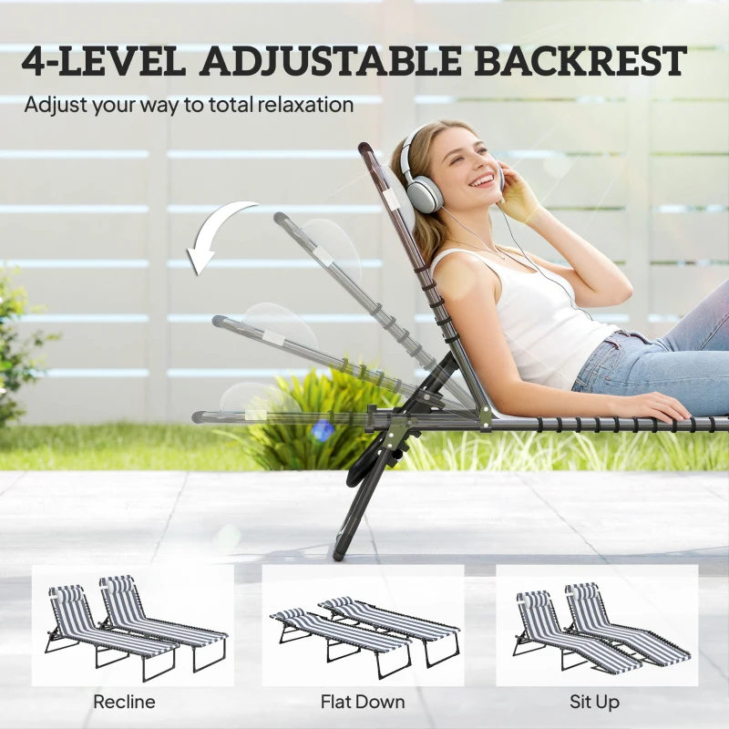 Outsunny 2 Folding Chaise Lounge Pool Chairs with 4-Position Reclining Back, Pillow, Breathable Mesh & Bungee Seat, Blue White