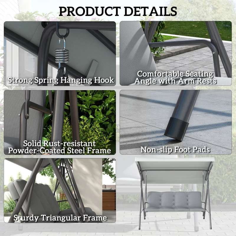 Outsunny 3-Seat Patio Swing Chair, Outdoor Porch Swing Glider with Adjustable Canopy, Light Grey