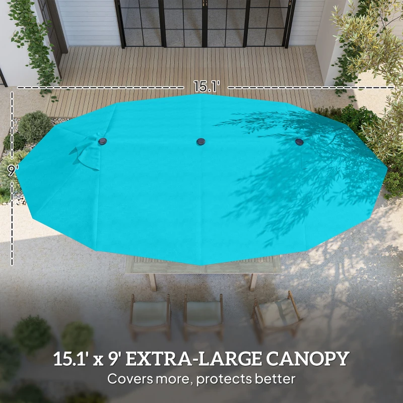 Outsunny 15' Outdoor Patio Umbrella with Twin Canopy Sunshade Steel Table Umbrella w/ Lift Crank, Cross base, Sandbag, Light Blue