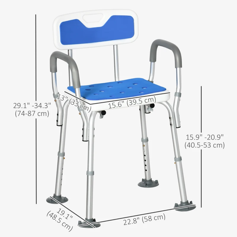 HOMCOM Adjustable Shower Chair with Arms and Back, Bath Chair with Regular Seat, Anti-slip Shower Bench for Seniors and Disabled, Tool-Free Assembly, 300lbs, Blue