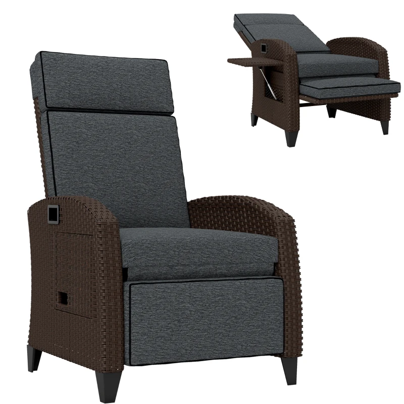 Outsunny Outdoor Recliner Chair with Adjustable Backrest, Cushion, Side Tray, Dark Grey