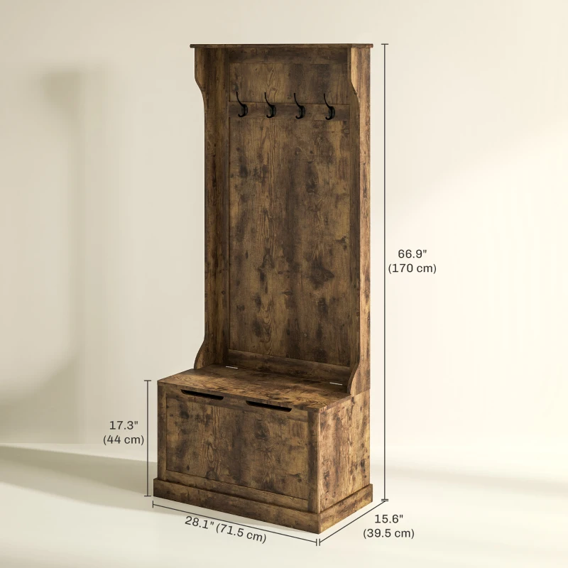 HOMCOM 4-In-1 Hall Tree with Coat Rack, Top Shelf, Shoe Storage and Bench Seat, Entryway Bench with 4 Hooks, Rustic Brown