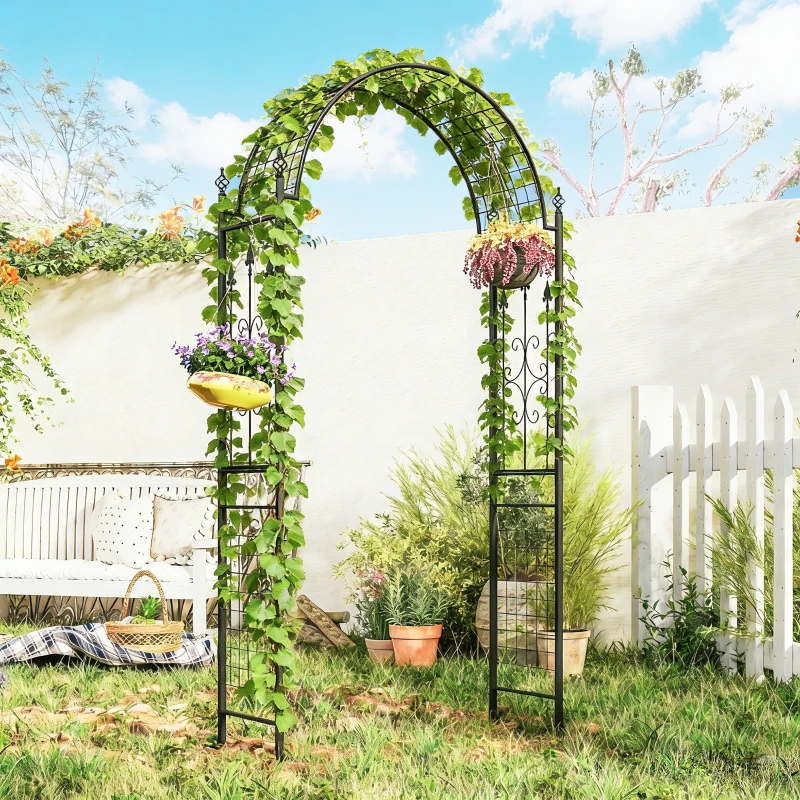 Outsunny 7.5 ft Steel Garden Arch, Outdoor Trellis Arbor with Scrollwork for Climbing Plants, Wedding Arch, Black
