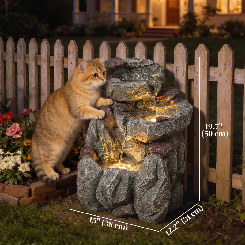 Outsunny Outdoor Fountain with LED Lights Adjustable Flow Cascading Waterfall 3-Tier Rustic Rock Look Grey