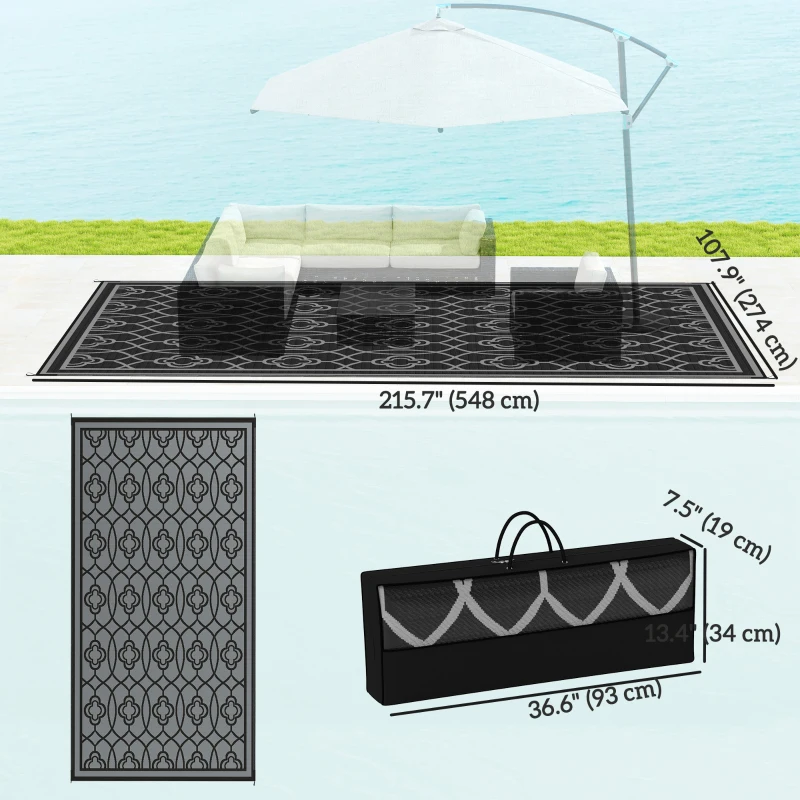 Outsunny 9' x 18' Outdoor RV Rug, Reversible Patio Floor Mat with Carry Bag, Lantern, Black and Grey