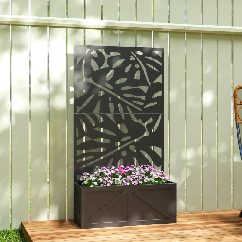 Outsunny Metal Raised Garden Bed with Trellis for Climbing Plants, Freestanding or Wall Mounted Flower Bed with Privacy Panel