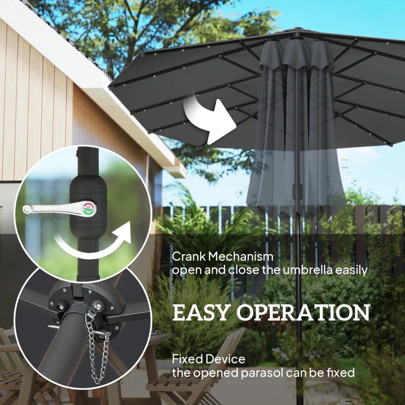 Outsunny 173" Double-Sided Sun Umbrella Garden Parasol Patio Sun Shade Outdoor with LED Solar Light, No Base Included, Dark Gre