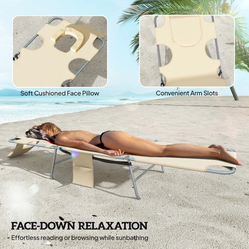 Outsunny 2 Tanning Chairs with Face Hole, 5-Level Adjustable Outdoor Chaise Lounge Chair with Pillow for Beach, Pool, Beige
