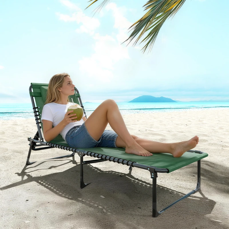 Outsunny Folding Lounge Chair, Adjustable Chaise Lounge with Headrest, Reclining Lounger Cot for Camping, Hiking, Green