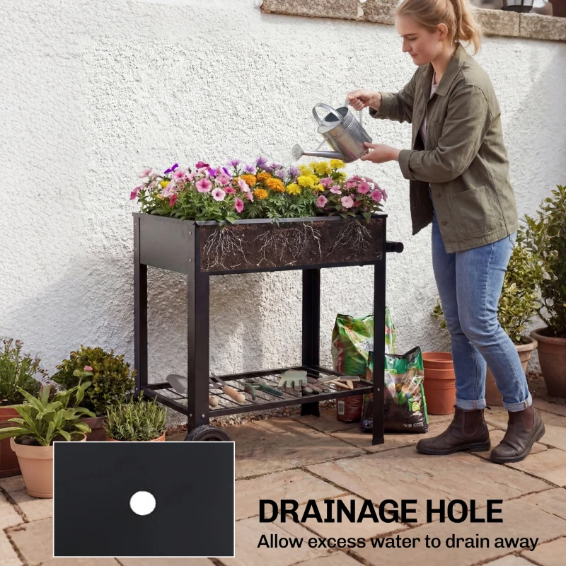 Outsunny Metal Raised Garden Bed, Elevated Planter Box with 2 Wheels, Handle and Shelf, 31.5" Tall Raised Planter