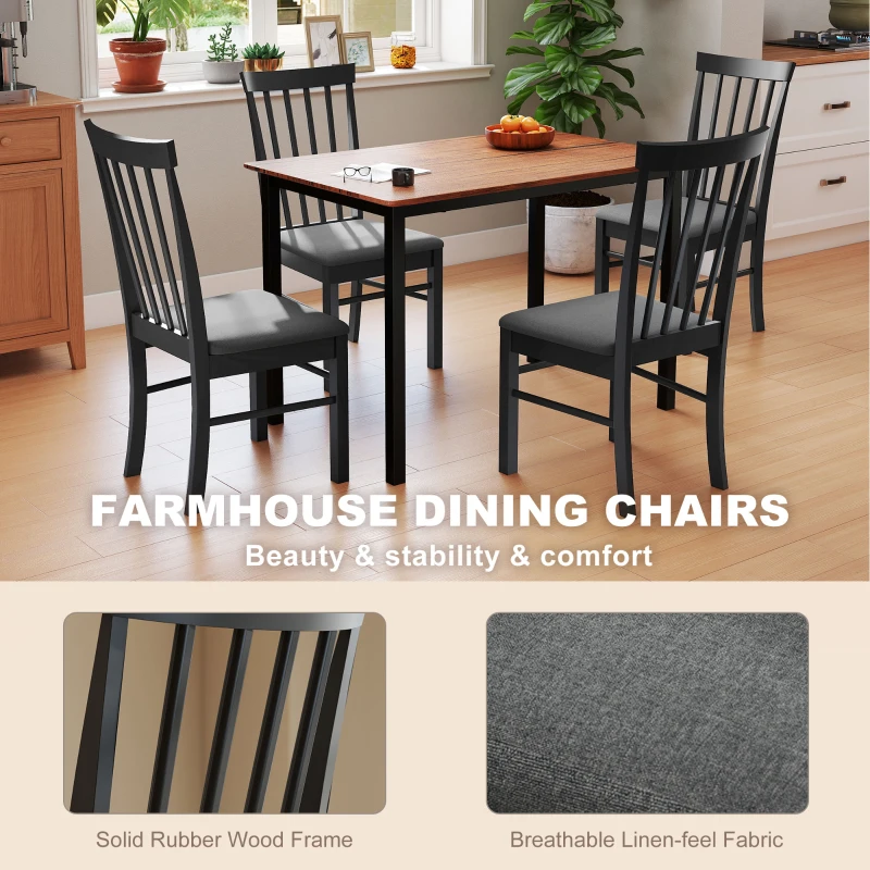 HOMCOM Wooden Dining Chairs Set of 4, Farmhouse Upholstered Kitchen Chairs with Rubber Wood Frame, Black and Gray