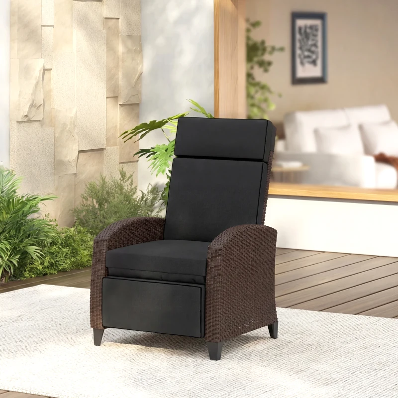 Outsunny Outdoor Recliner Chair with Adjustable Backrest, Cushion, Side Tray, Black