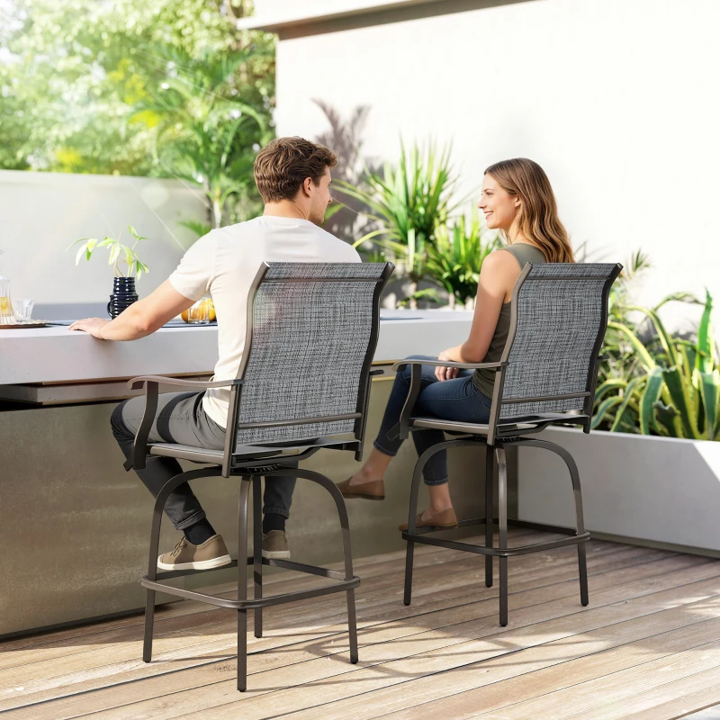 Outsunny Outdoor Bar Stools Set of 2, Swivel Bar Height Chairs with High Back, Curved Armrests and Steel Frame, Mixed Grey