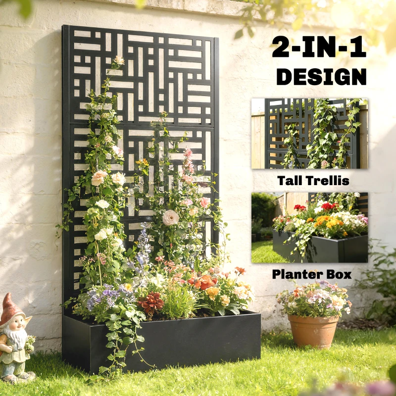 Outsunny Galvanised Raised Garden Bed with Trellis, 71" Tall Metal Planter Box with Privacy Screen and Drainage Holes