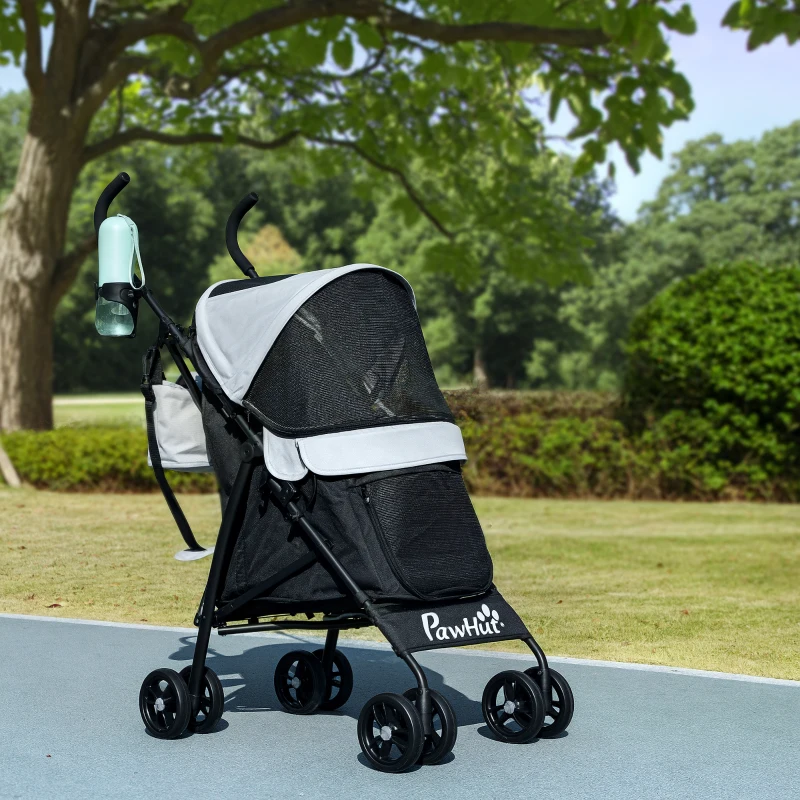 PawHut Foldable Dog Stroller, Lightweight Dog Pram w/ Shoulder Strap, Storage Bag, Cup Holder, Light Grey