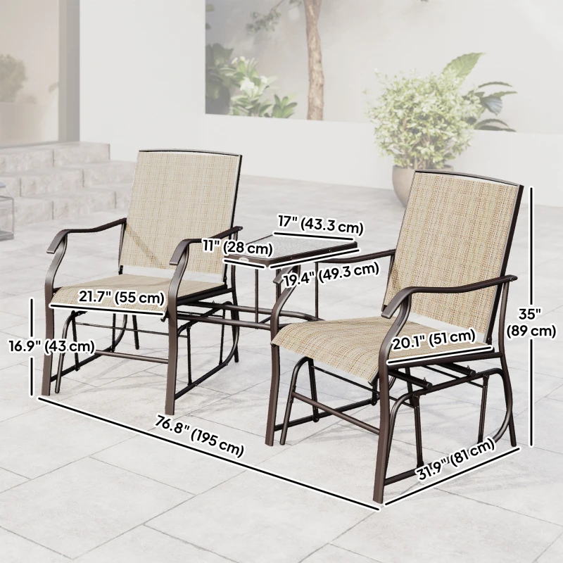 Outsunny Double Patio Glider Chair with Glass Top Center Table, Outdoor Glider Loveseat with High Back,  All Weather Breathable Mesh Fabric for Garden, Backyard, Deck, Light Brown