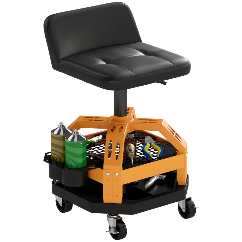 HOMCOM Rolling Creeper Garage Stool, 300 LBS Capacity Mechanic Stool with 360° Wheels, Tool Tray, Adjustable Height, Yellow