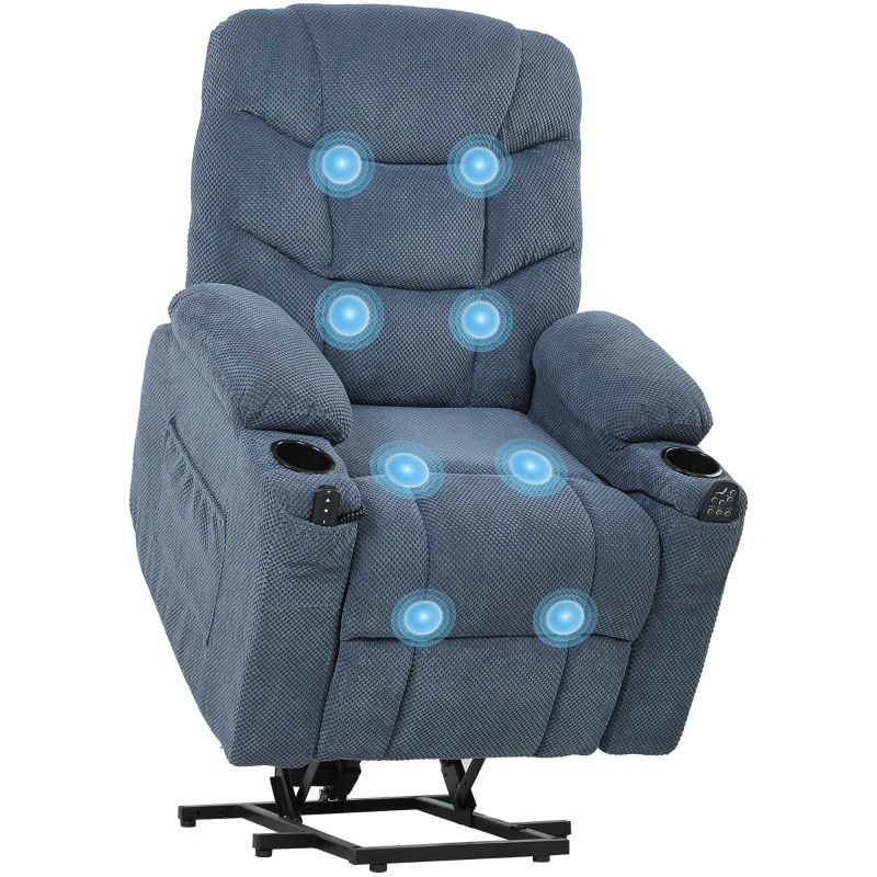 HOMCOM Power Recliner Chair with Massage, Electric Lift Chair for Elderly with Side Pockets, Cup Holders, Remote, Blue