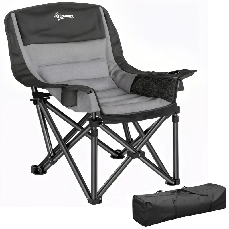 Outsunny Camping Chair for Adults, Portable Folding Camping Chair with Side Pockets, Cup Holders, Carry Bag, Black and Gray