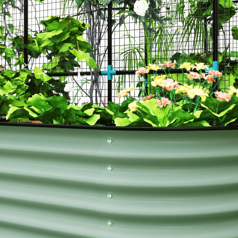 Outsunny Galvanized Raised Garden Beds with Arch Trellis, Metal Planter Box with Climbing Net, Rubber Strap Edging, Open Bottom