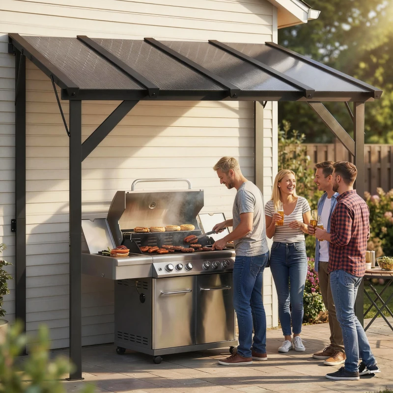 Outsunny Hardtop Grill Gazebo, Lean-to BBQ Shelter with Polycarbonate Roof for Outdoor, Patio, Lawn