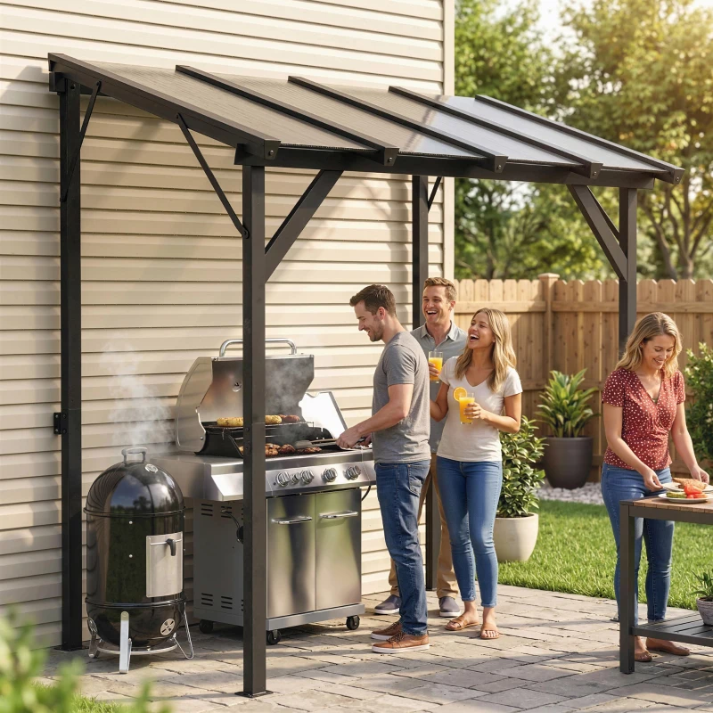 Outsunny Hardtop Grill Gazebo, Lean-to BBQ Shelter with Polycarbonate Roof for Outdoor, Patio, Lawn