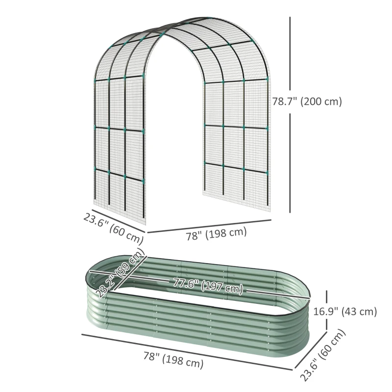 Outsunny Galvanized Raised Garden Beds with Arch Trellis, Metal Planter Box with Climbing Net, Rubber Strap Edging, Open Bottom