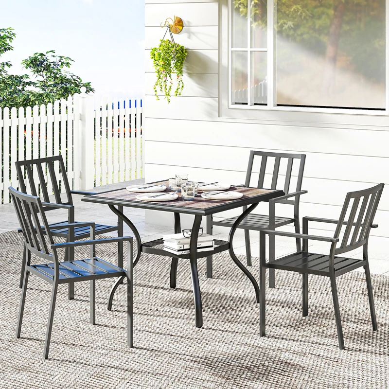 Outsunny Outdoor Dining Table for 4, Square Patio Table with Umbrella Hole, Shelf, Faux Wood Top for Garden, Backyard, Grey