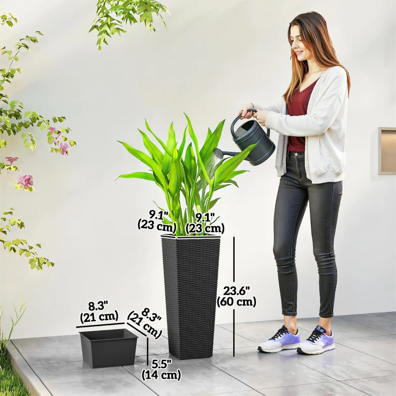 Outsunny 23.6 Inch Tall Planters for Outdoor Plants, Set of 2 Plastic Flower Pots with Drainage Holes, Black