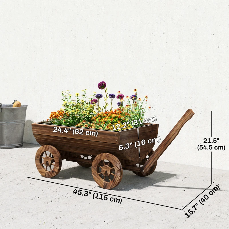 Outsunny Wooden Wagon Planter Box, Mobile Garden Planter with 4 Wheels, Small Wheelbarrow Wagon Flower Cart with Drainage Holes